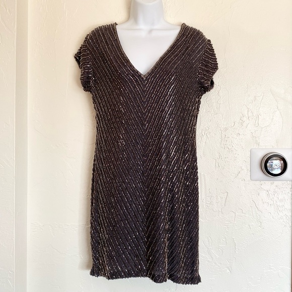 NWT Karina Grimaldi Beaded Metallic Grey and Silver Mini Evening Dress - Picture 3 of 7